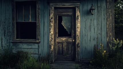 An unsettling abandoned house with a cracked door slightly ajar,