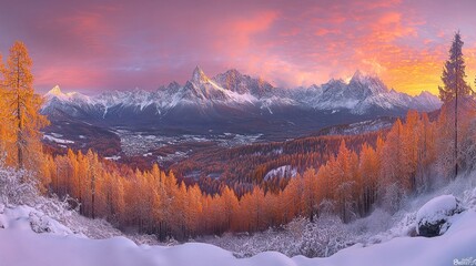A panoramic view of snow-capped mountains with a valley covered in an autumnal forest during a colorful sunrise.
