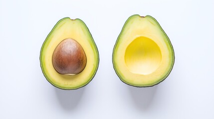 Fresh avocado halves showcase a smooth, creamy interior and a large pit, perfect for culinary presentations and healthy eating concepts.
