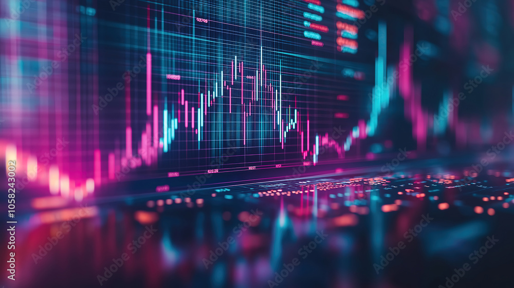 Poster visualizing finance analyzing stock market data with graphs and financial figures on screens