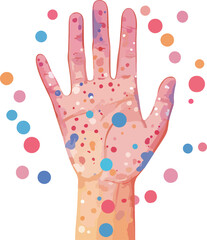 Illustration of Hand with Multicolored Spots Representing Skin Condition or Artistic Depiction of Dermatological Symptoms
