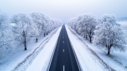 Obraz premium High-angle shot of a serene rural road lined with snow-covered trees