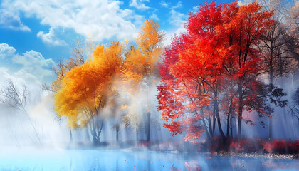 Fog in nature, beautiful natural scene view of fog in the forest with landscape by AI generative.