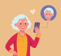 Senior grandmother use mobile phone, video call with grandfather