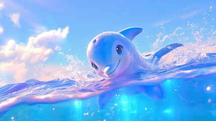 Cute pastel color dolphins, with soft blue and pink skin, cheerful eyes and enchanting pastel colored sea background,