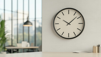 A sleek modern wall clock hanging on a clean office wall in the middle, featuring a minimalist black and white design with sharp,