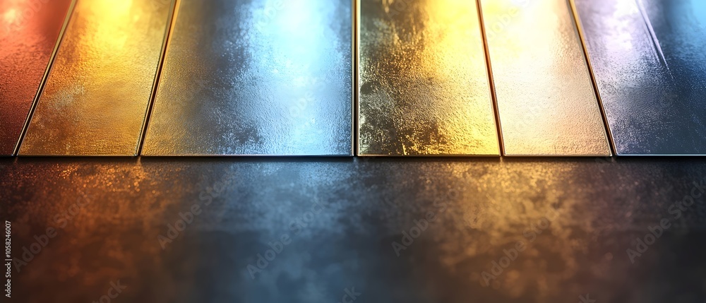 Poster a close-up view of vibrant metallic panels reflecting warm colors, creating a visually striking abst