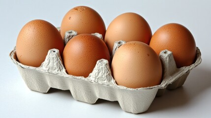 Six brown eggs in a cardboard carton on a white background. (1)
