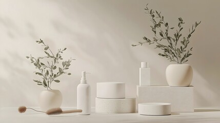 Minimalist design showcasing natural cosmetics product packaging with organic elements
