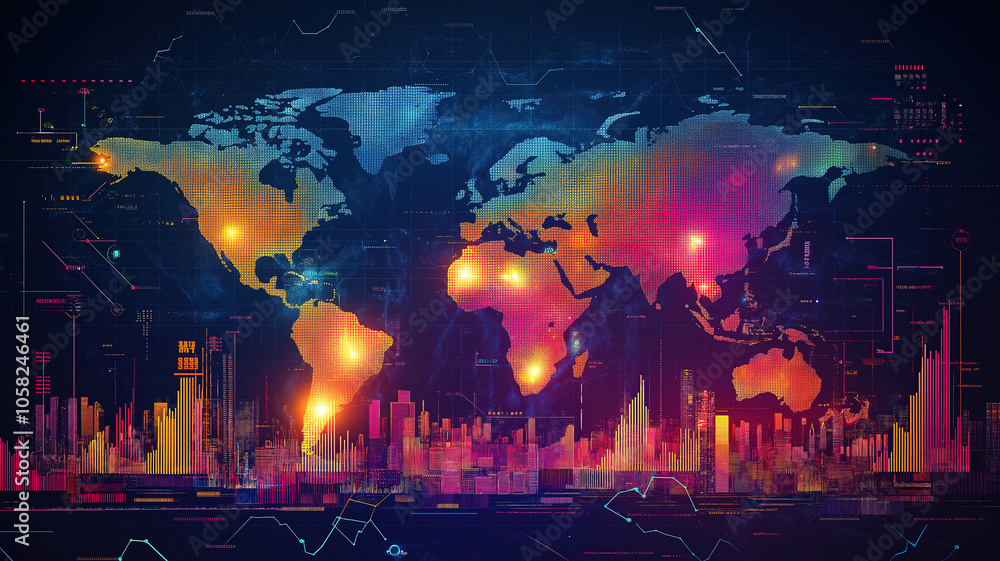 Poster visualizing financial market trends with analytics and trader dashboards set against a world map
