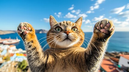 Obraz premium Joyful Cat Overlooking Bright Blue Water