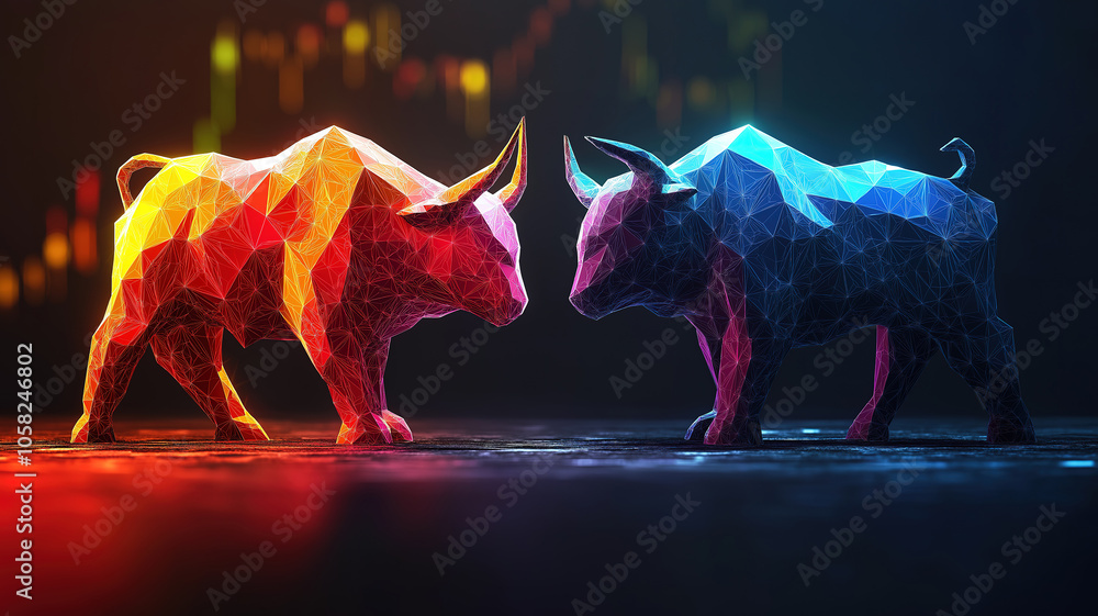 Poster visualizing investment strategies through polygonal art illustrating bullish and bearish patterns