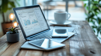 Modern Workspace with Laptop, Tablet, and Smartphone on Wooden Desk
