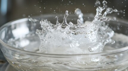 A close-up shot of a water splash in a glass bowl. The water is crystal clear and the splash is frozen in mid-air.