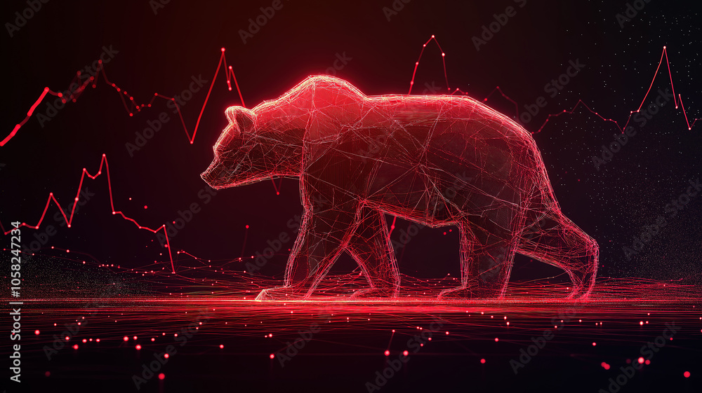 Poster visualizing financial decline with a red background and downtrend graph in the stock market