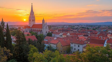 A picturesque sunset over the town of Zagreb, Croatia, featuring the iconic Zagreb Cathedral.