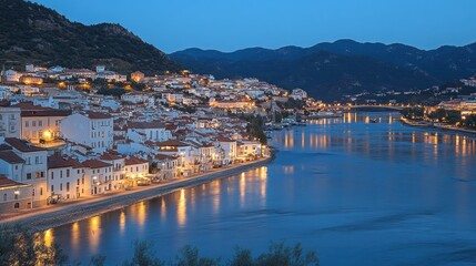 A picturesque town nestled along a river at dusk, illuminated by streetlights and reflecting in the water.