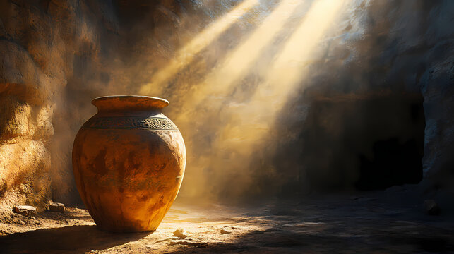 A large ancient clay jar in a sunlit underground room, with rays of light streaming in, creating a warm and historical atmosphere. Ancient Relic Room. Illustration