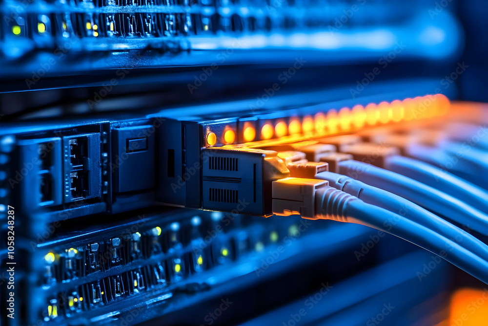 Poster network server photo - cables connected to server in data center