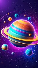 Naklejka premium Żywa neonowa sztuka kosmiczna przedstawiająca układy planetarne i orbity kosmiczne