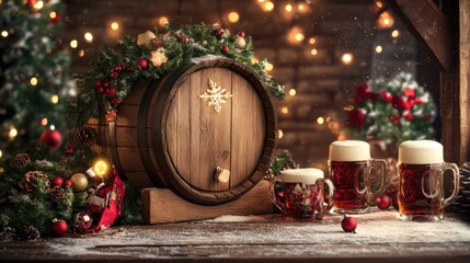 A wooden barrel decorated with Christmas ornaments and two glasses of beer on a wooden table with snow.
