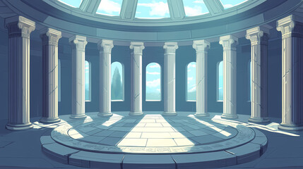 Fototapeta premium A large circular stone greek style column room with stone pillars. Ancient Relic Room. Illustration