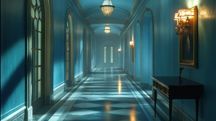 Blue Hallway with Golden Accents