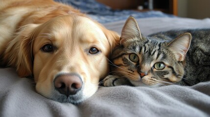 A golden retriever dog and a tabby cat cuddle together on a bed, looking at the camera.