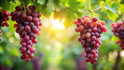 A cluster of red grapes hanging from a lush green vine in a serene garden setting, vine, scenic, outdoors