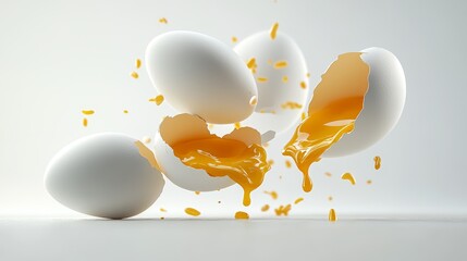 Cracked Eggs in Mid Air with Dripping Yolk and Shell Fragments