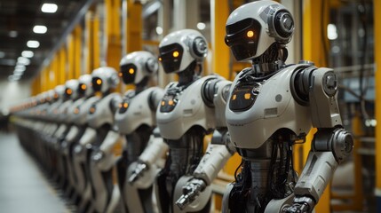 Fototapeta premium A line of humanoid robots stand in a factory.