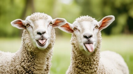 Obraz premium Two playful sheep sticking out their tongues in a green field.