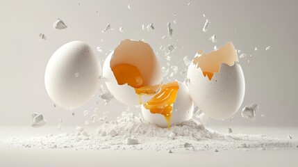 Cracked Eggs in Mid Air with Dripping Yolk and Shell Fragments