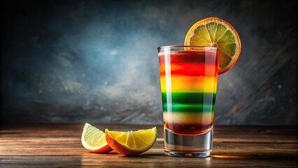A cocktail made with bright colors and layered ingredients in a glass garnished with a citrus wheel, juice, cocktail, colorful, citrus