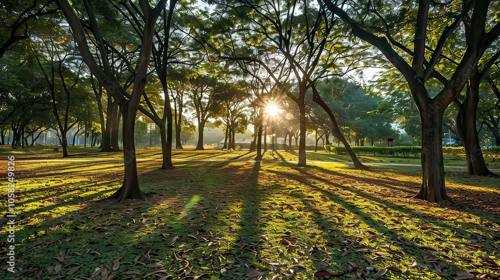 Poster focus on sunlight creating patterns on the ground as it filters through dense tree branches.