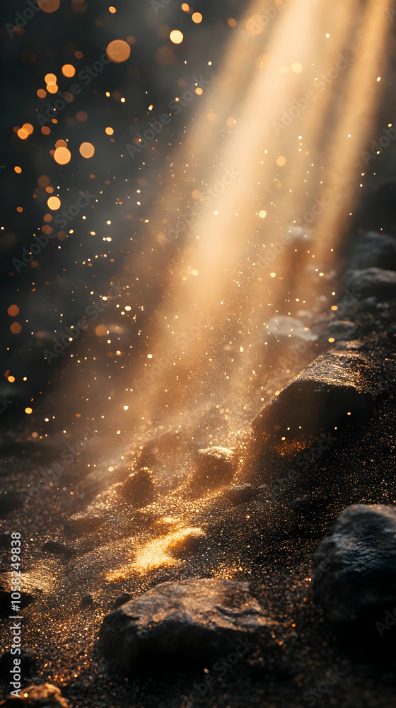 Poster golden light beams through dark abstract background with bokeh