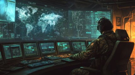 A soldier in a military uniform sits in front of a bank of monitors displaying a world map and data.