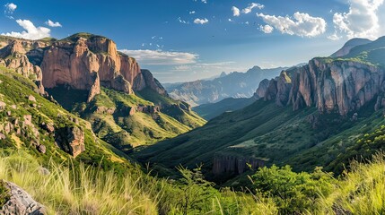 Obraz premium Showcase a breathtaking mountain landscape illuminated by the sun, highlighting rocky peaks and lush valleys.