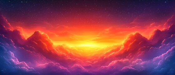Fototapeta premium A stunning digital artwork showcasing a vibrant sunset over fluffy clouds, painted in hues of orange, pink, and purple, creating a serene and magical sky.