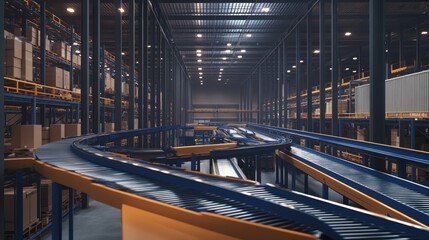 An empty warehouse with a large, winding conveyor belt system.