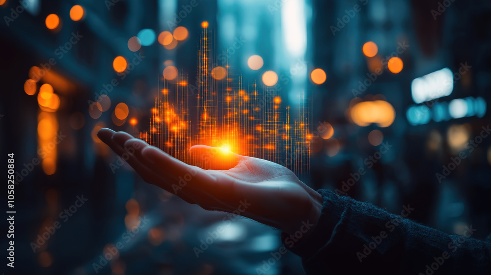 Poster dynamic representation of investment and finance with a virtual trading graph held by a businessman