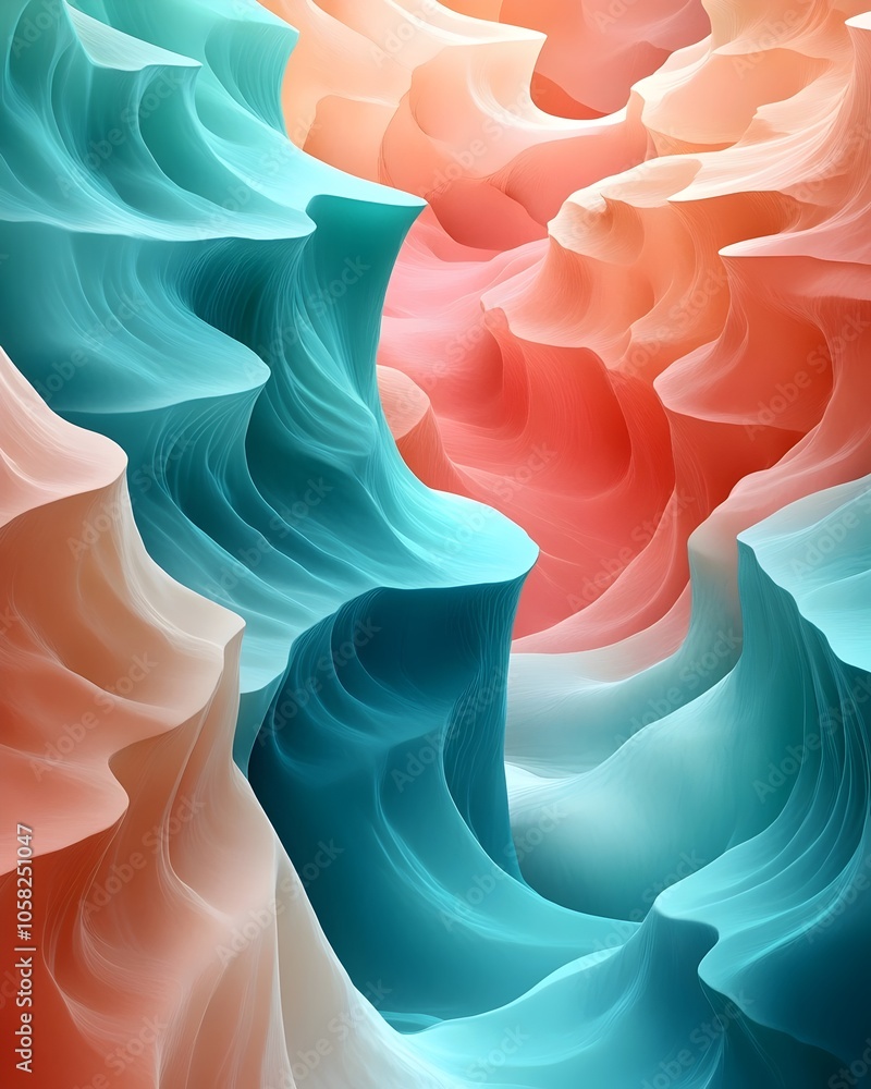 Poster a mesmerizing abstract landscape featuring flowing waves of turquoise and coral hues, creating a ser