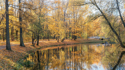A picturesque river flows through an autumn park, with a walking path along its banks and a charming bridge crossing over.