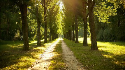 Naklejka premium A serene park pathway lined with trees, where sunlight dapples the ground and creates a peaceful atmosphere.