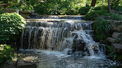Capture a cascading waterfall surrounded by lush greenery, with sunlight glistening on the water.