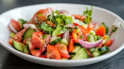 A fresh vegetable salad featuring tomatoes, cucumbers, and onions garnished with herbs.