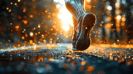 A closeup of an amputee runner's leg with bionic prosthetic, showcasing the advanced technology and motion in action during running on track