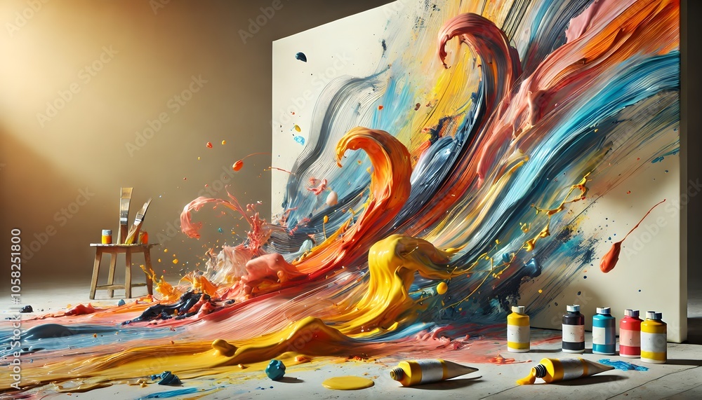 Aufkleber A vibrant explosion of colors cascading from a canvas, showcasing artistic expression with splashes of paint and tools scattered nearby.