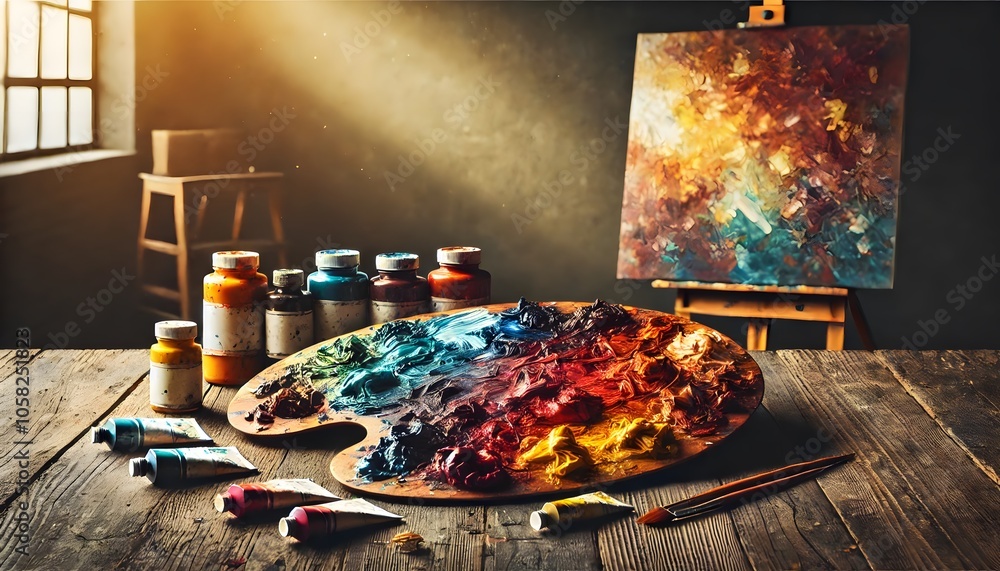 Poster a vibrant artist's palette filled with colorful paints next to a canvas, illuminated by soft lightin