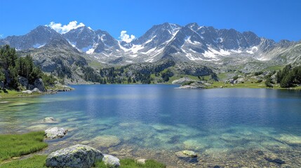 A pristine mountain lake with clear blue water, surrounded by a lush green meadow and majestic snow-capped peaks in the distance.